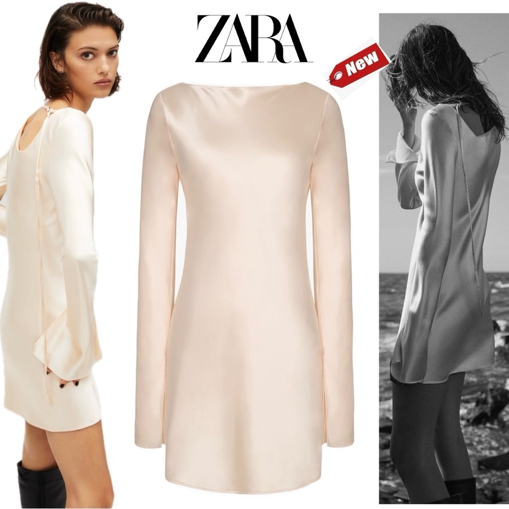 Kaia Gerber X Zara collection collaboration satin effect cream long sleeve dress